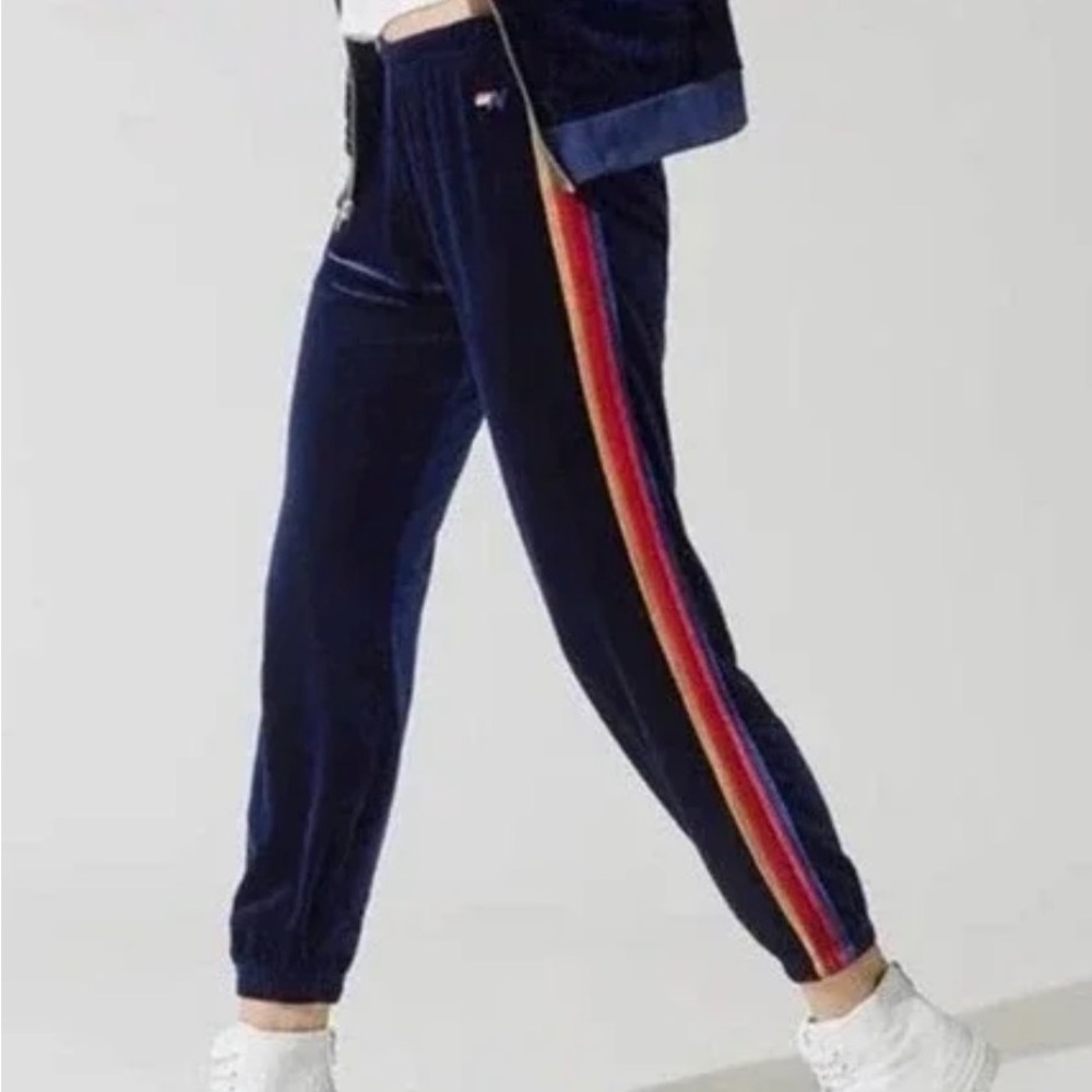 Aviator Nation Navy Velour Track Pants with Rainbow Side Stripe